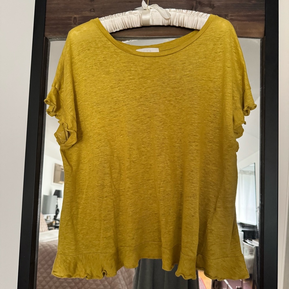 Eri + Ali Ruffled Cross-Back Tee Mustard Yellow Linen Anthropologie, Small